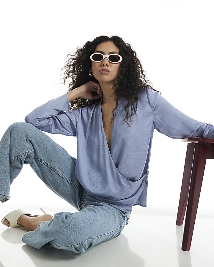 Blue Satin Jacquard Wrap Blouse