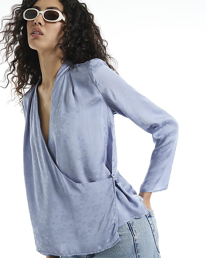 Blue Satin Jacquard Wrap Blouse