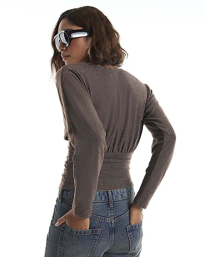 Brown Cosy Long Sleeve Batwing Top