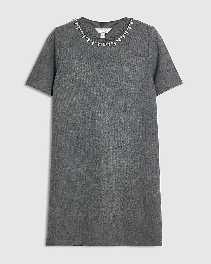 Grey Embellished Cosy T-Shirt Dress