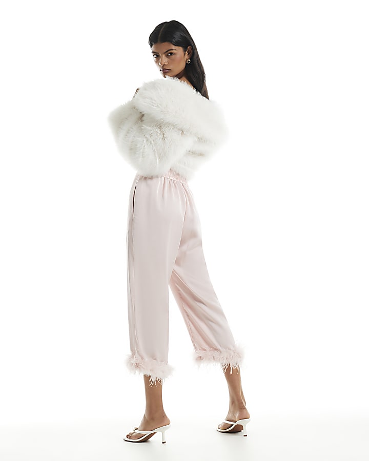 Pink Feather Trim Satin Trousers