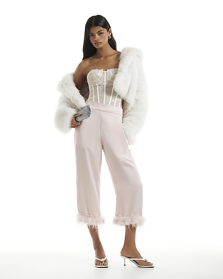 Pink Feather Trim Satin Trousers