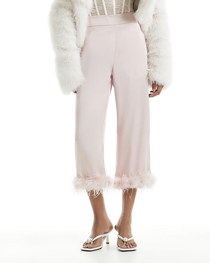 Pink Feather Trim Satin Trousers