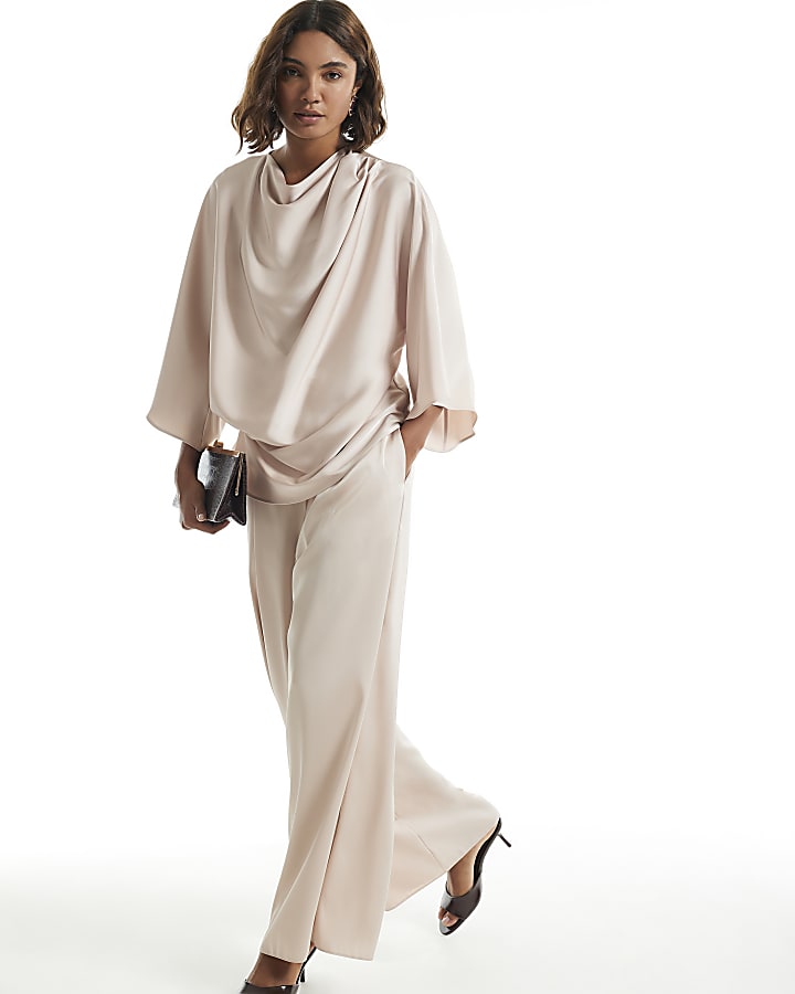 Cream Satin Wide Leg Trousers
