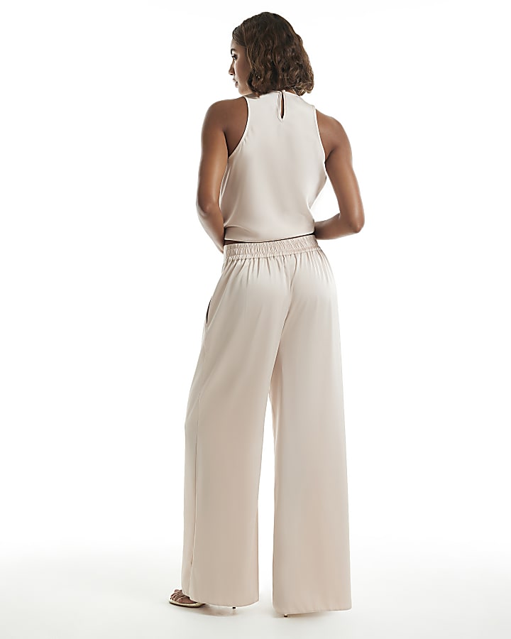 Cream Satin Wide Leg Trousers