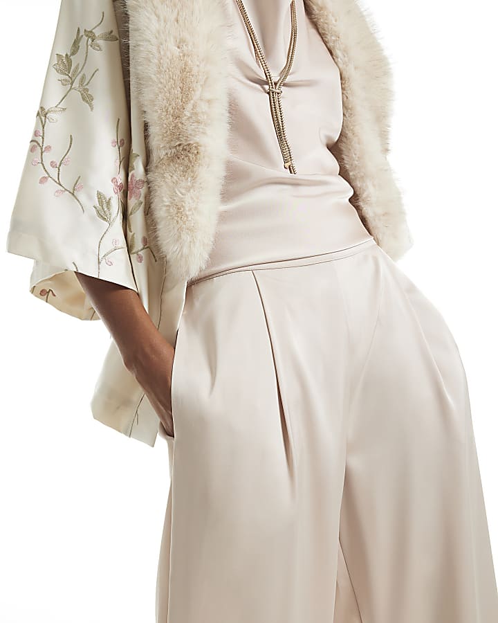 Cream Satin Wide Leg Trousers