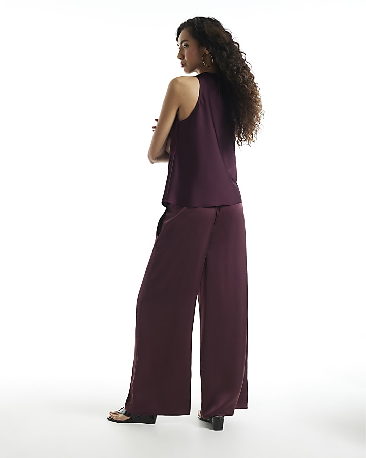 Burgundy Satin Wide Leg Trousers