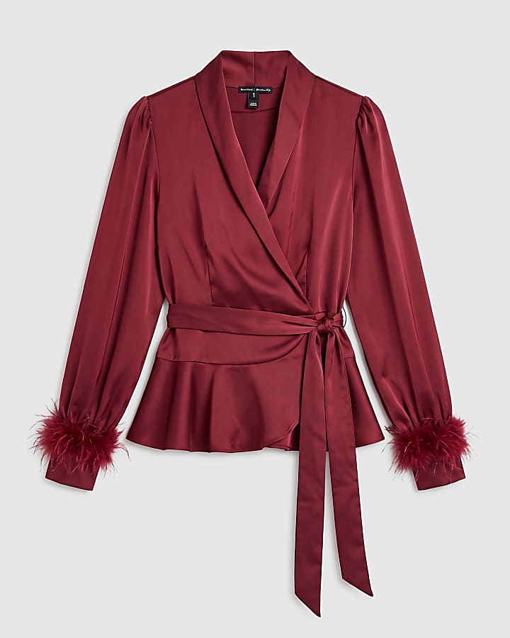 Burgundy Wrap Feather Long Sleeve Blouse