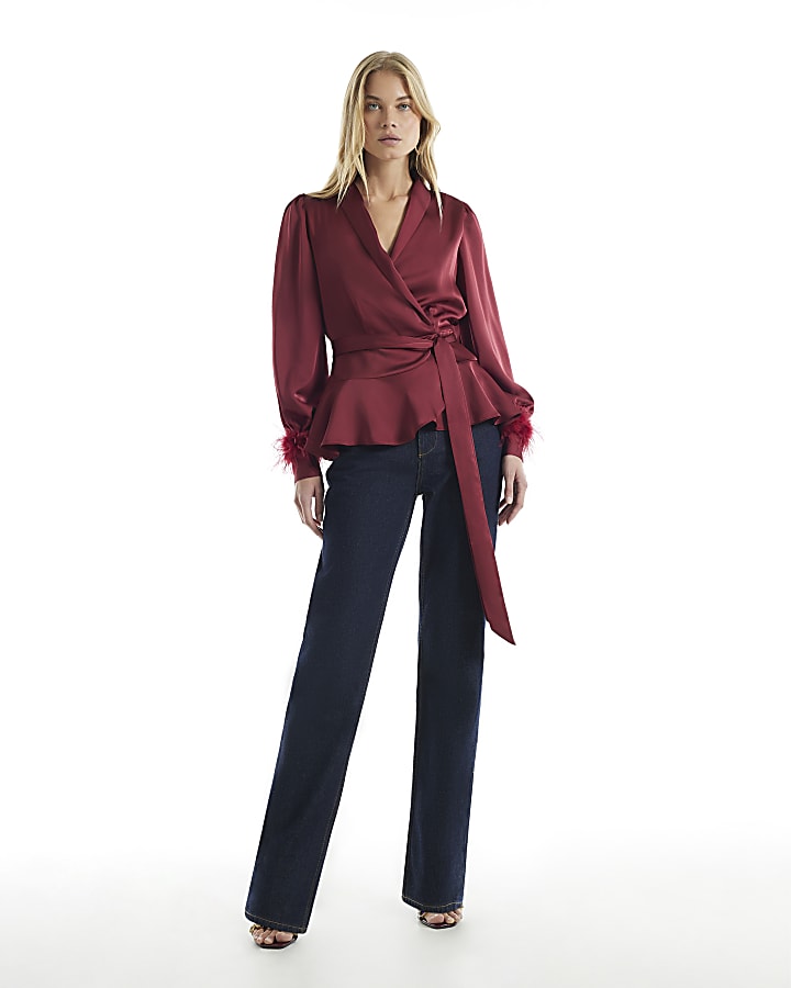Burgundy Wrap Feather Long Sleeve Blouse