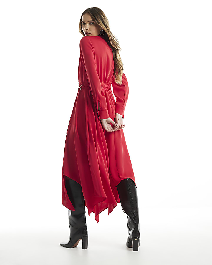 Red Crepe Hanky Hem Shirt Dress