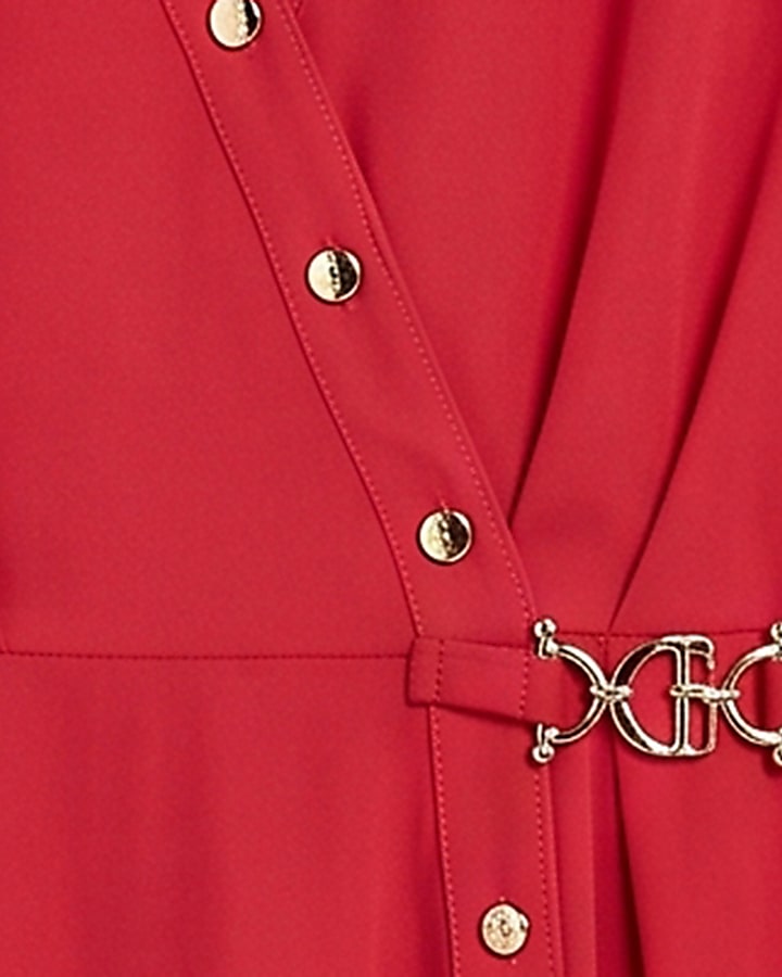 Red Crepe Hanky Hem Shirt Dress