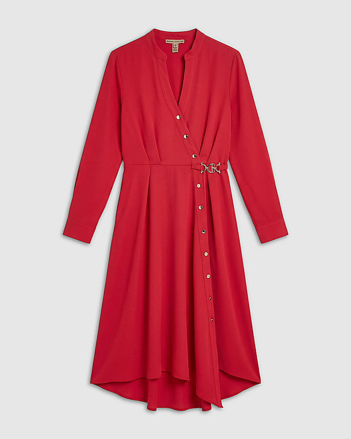 Red Crepe Hanky Hem Shirt Dress