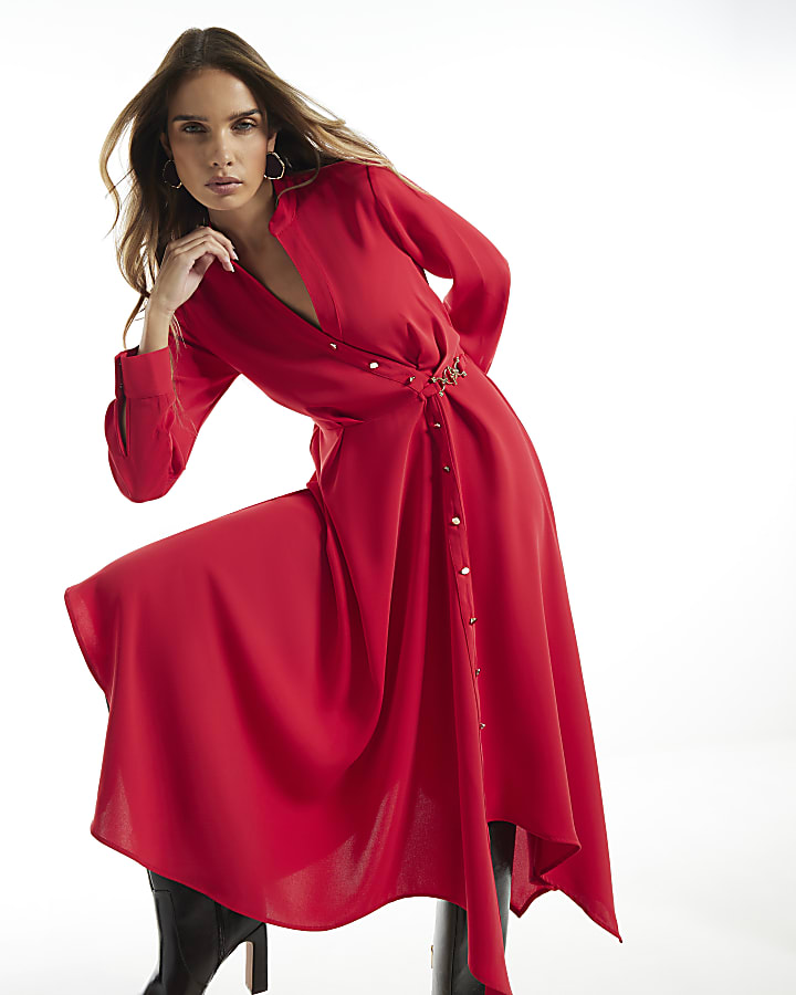 Red Crepe Hanky Hem Shirt Dress