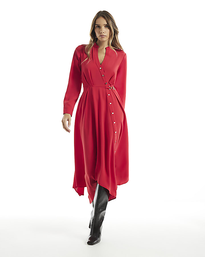 Red Crepe Hanky Hem Shirt Dress