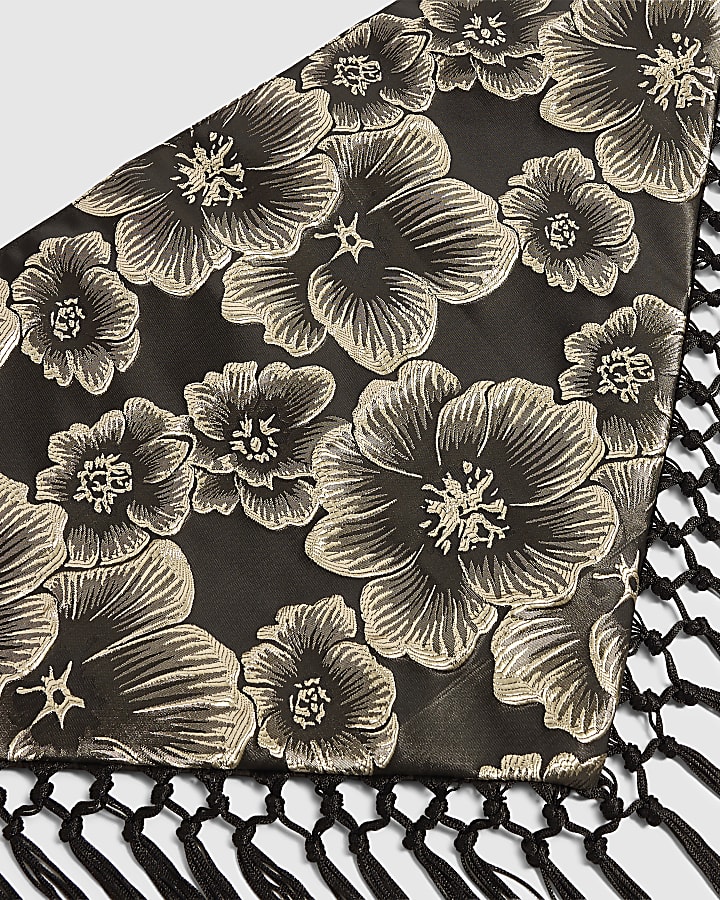 Black Floral Jacquard Gold Fringe Hip Scarf