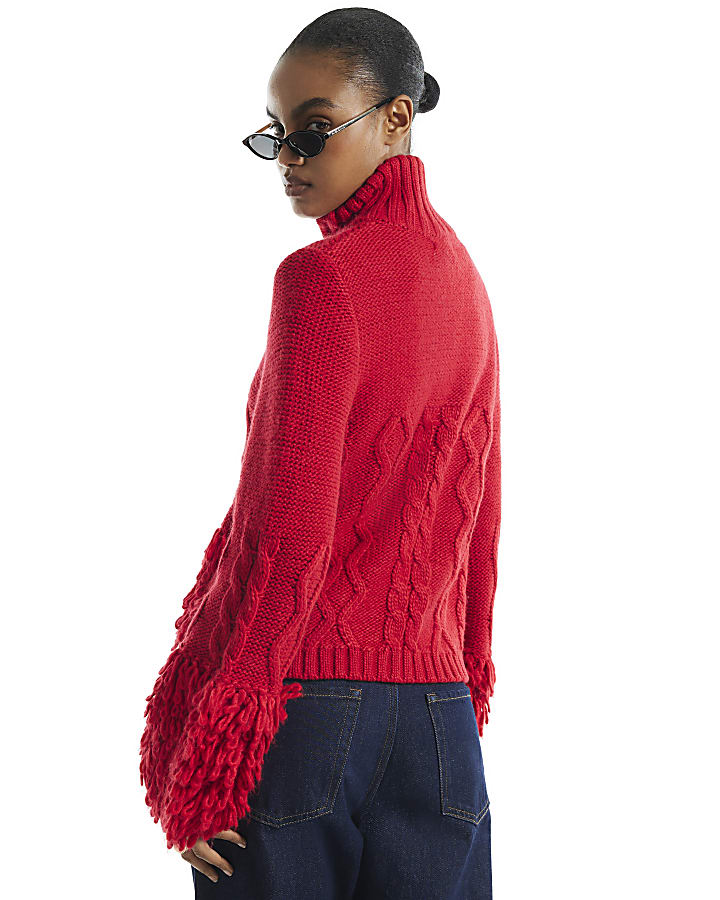 Red Zip Fringe Cable Knit Cardigan