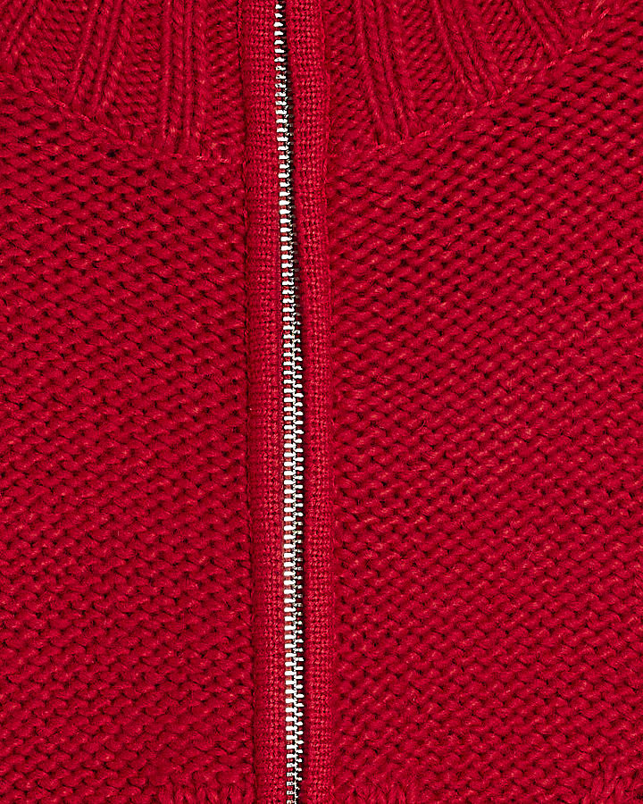 Red Zip Fringe Cable Knit Cardigan