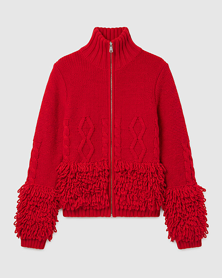 Red Zip Fringe Cable Knit Cardigan