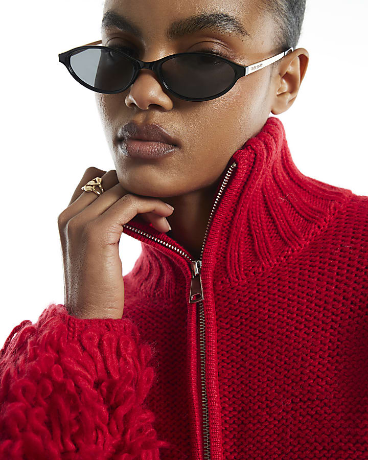 Red Zip Fringe Cable Knit Cardigan
