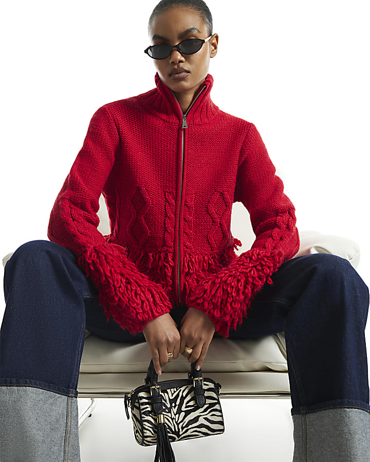 Red Zip Fringe Cable Knit Cardigan