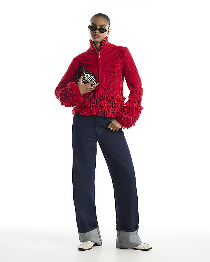 Red Zip Fringe Cable Knit Cardigan