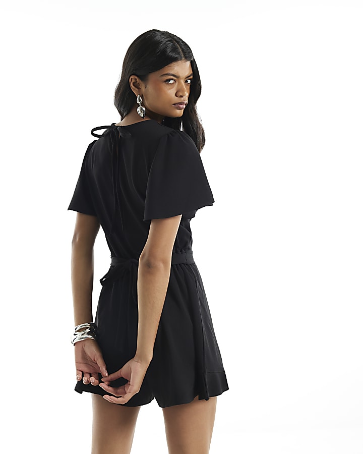 Black Short Sleeve Open Back Playsuit