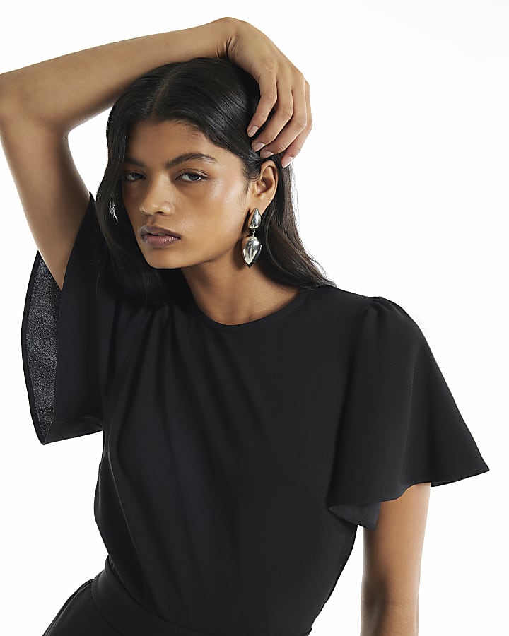 Black Short Sleeve Open Back Playsuit