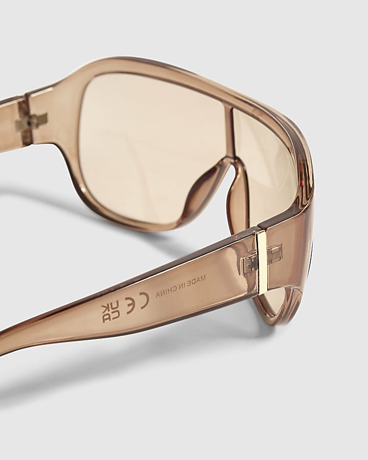 Brown Oversized Visor Crystal Sunglasses