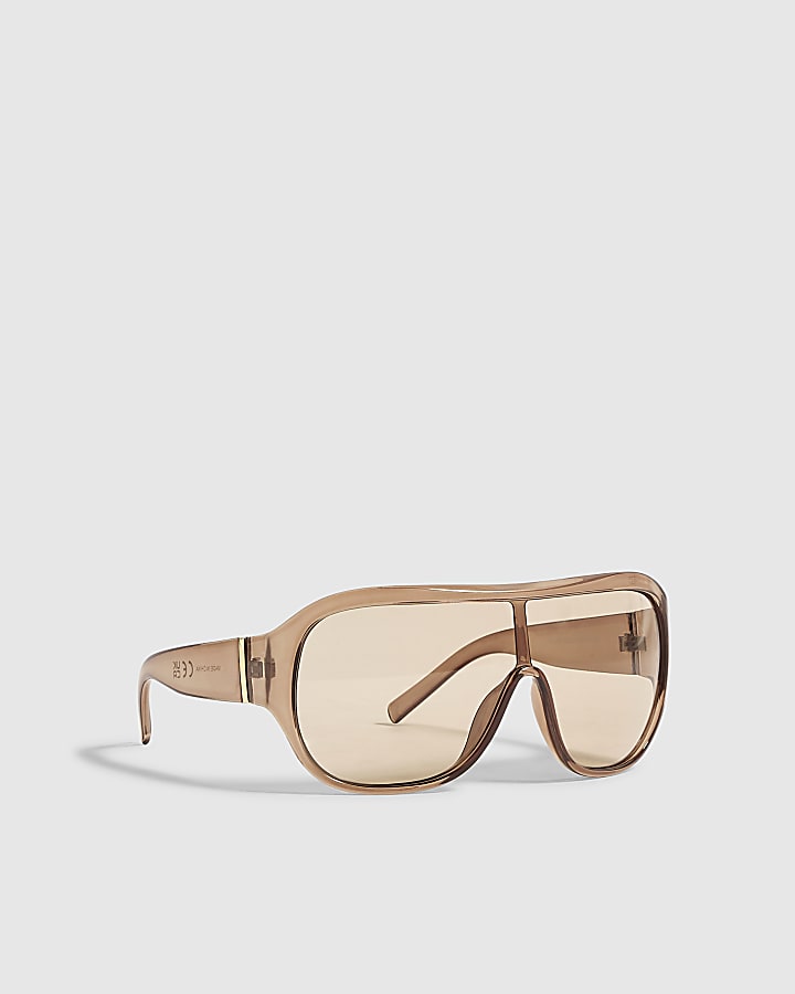 Brown Oversized Visor Crystal Sunglasses