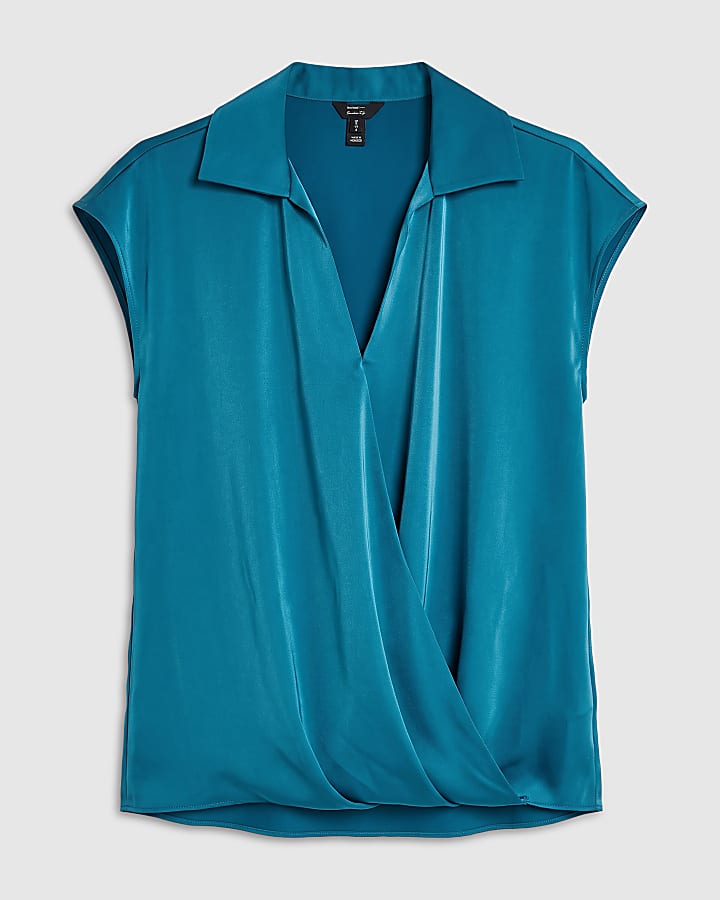 Blue Satin Short Sleeve Wrap Top