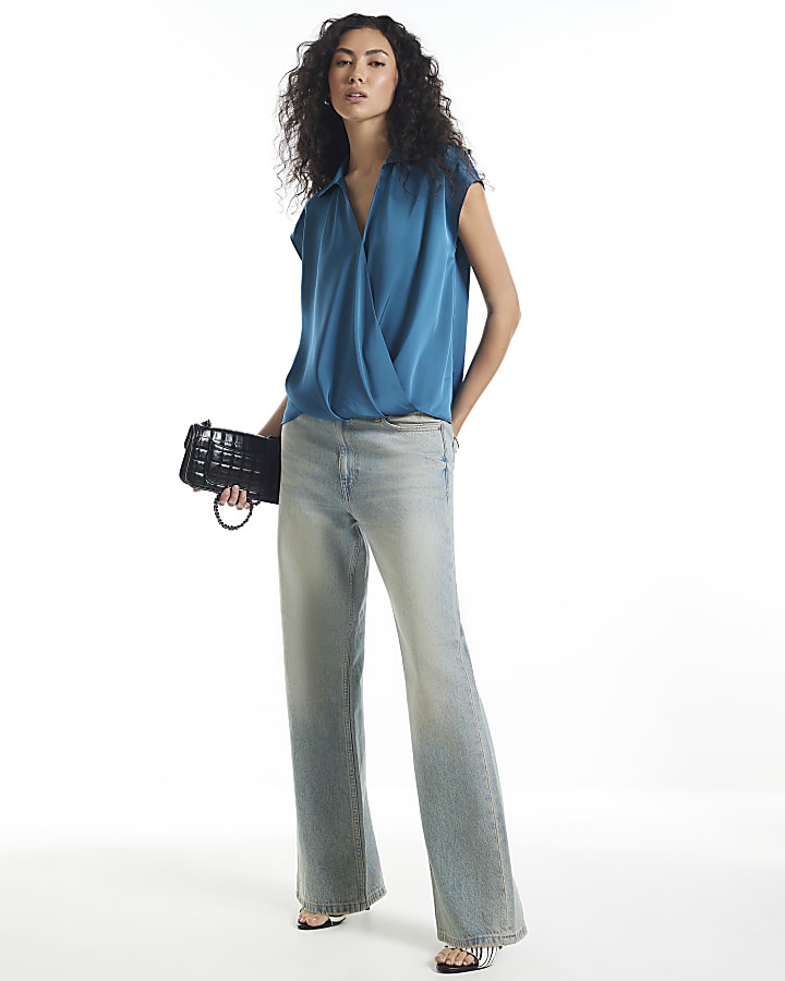 Blue Satin Short Sleeve Wrap Top