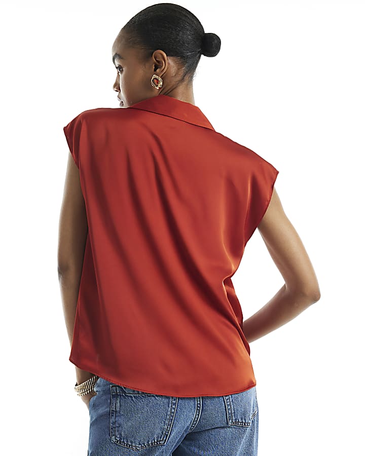 Rust Satin Short Sleeve Wrap Top