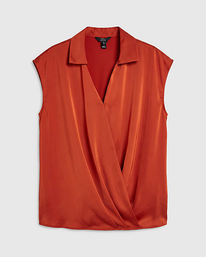 Rust Satin Short Sleeve Wrap Top