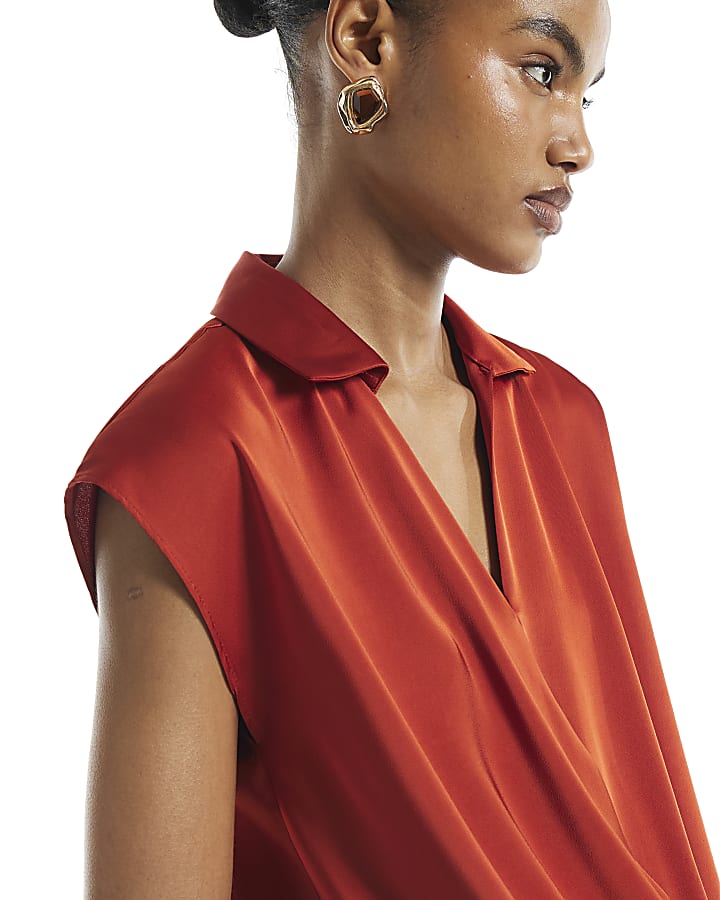 Rust Satin Short Sleeve Wrap Top