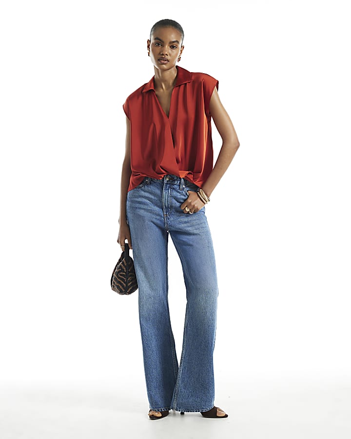 Rust Satin Short Sleeve Wrap Top