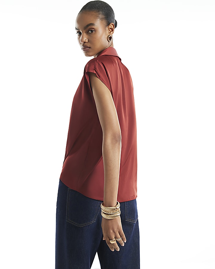 Rust Satin Short Sleeve Wrap Top