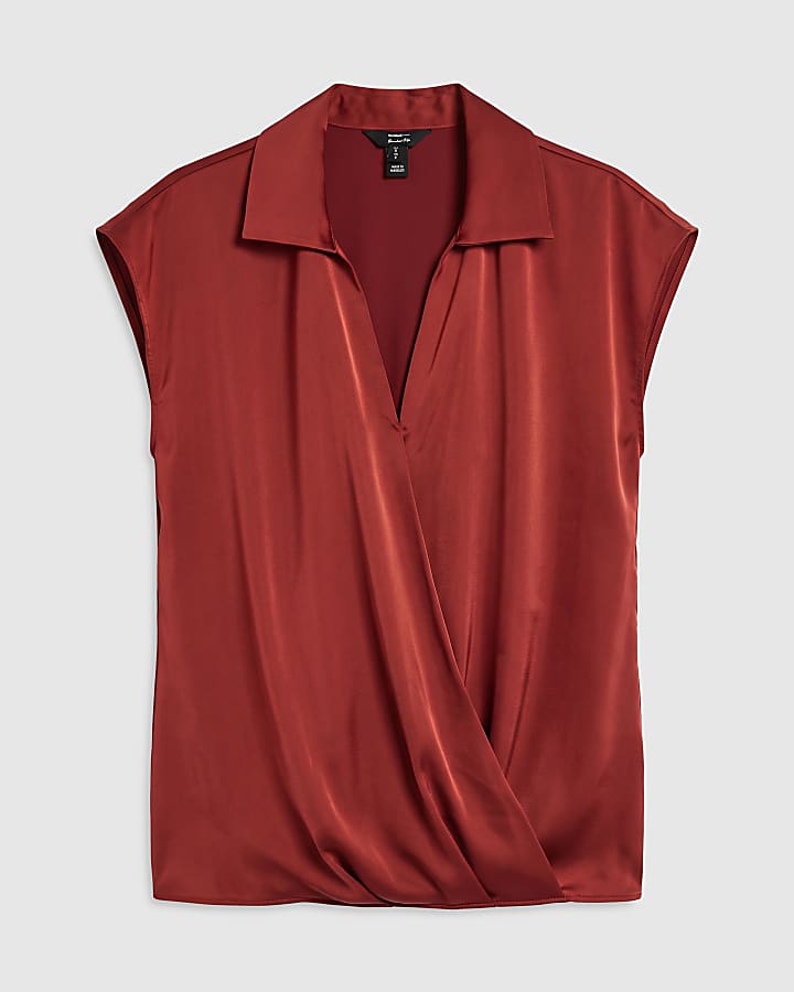Rust Satin Short Sleeve Wrap Top