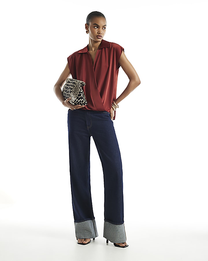 Rust Satin Short Sleeve Wrap Top