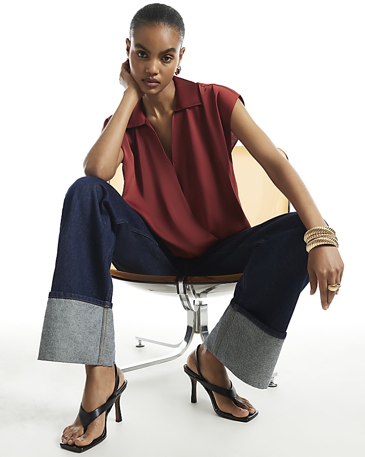 Rust Satin Short Sleeve Wrap Top