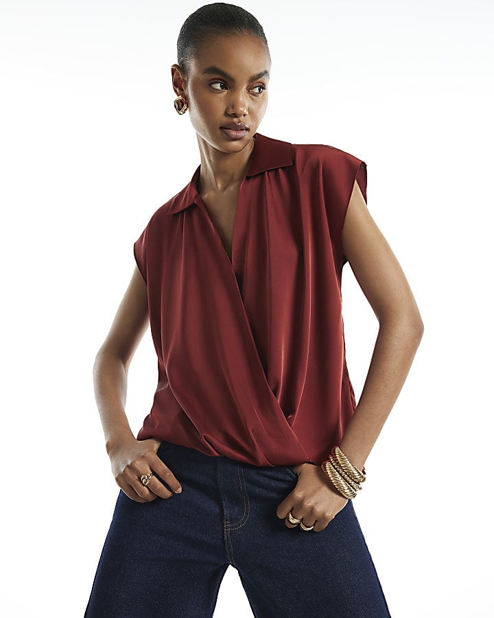 Rust Satin Short Sleeve Wrap Top