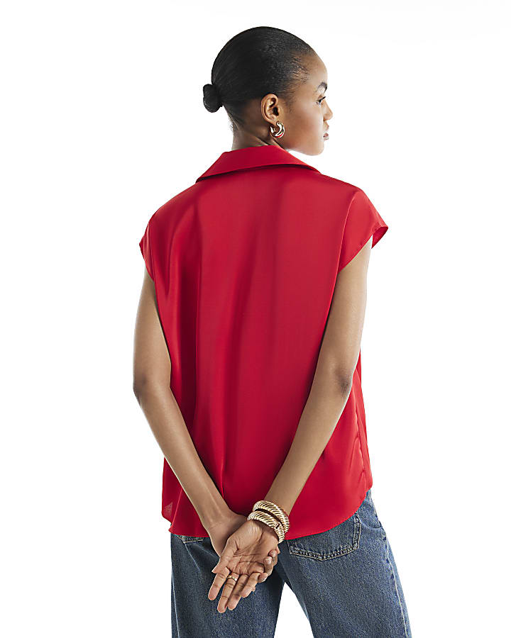 Red Short Sleeve Satin Wrap Top