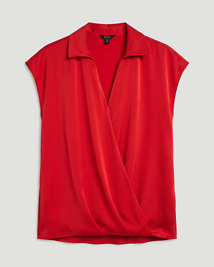 Red Short Sleeve Satin Wrap Top