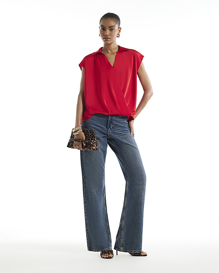 Red Short Sleeve Satin Wrap Top