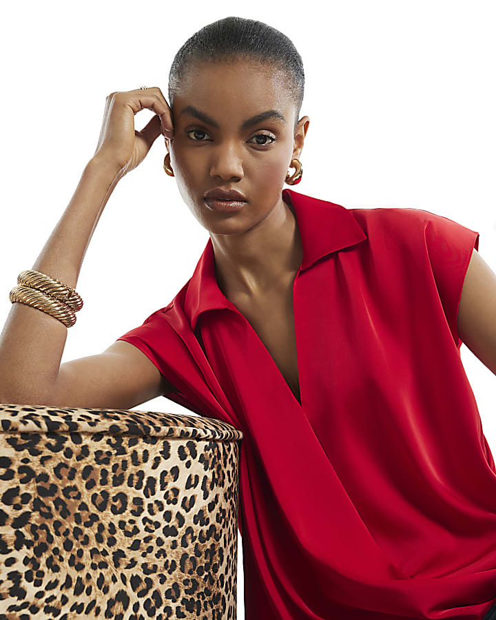 Red Short Sleeve Satin Wrap Top