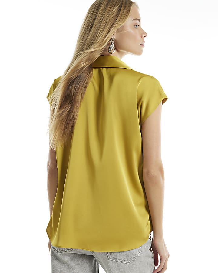 Yellow Satin Short Sleeve Wrap Top