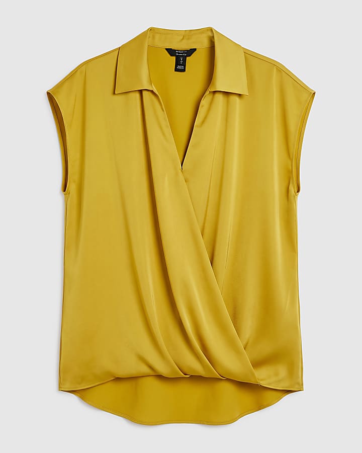 Yellow Satin Short Sleeve Wrap Top