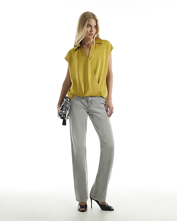 Yellow Satin Short Sleeve Wrap Top