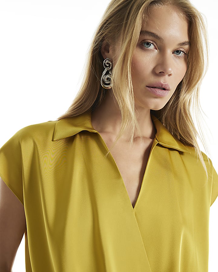 Yellow Satin Short Sleeve Wrap Top