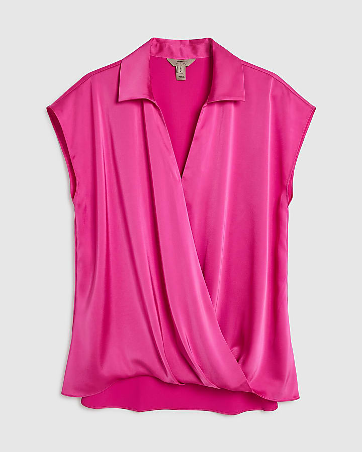 Pink Satin Short Sleeve Wrap Top