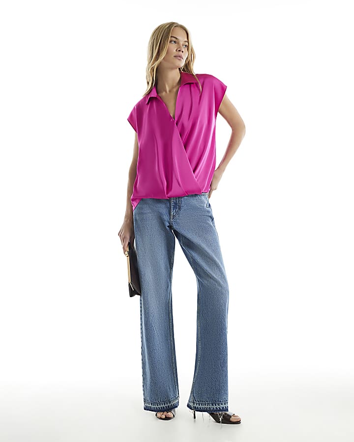 Pink Satin Short Sleeve Wrap Top